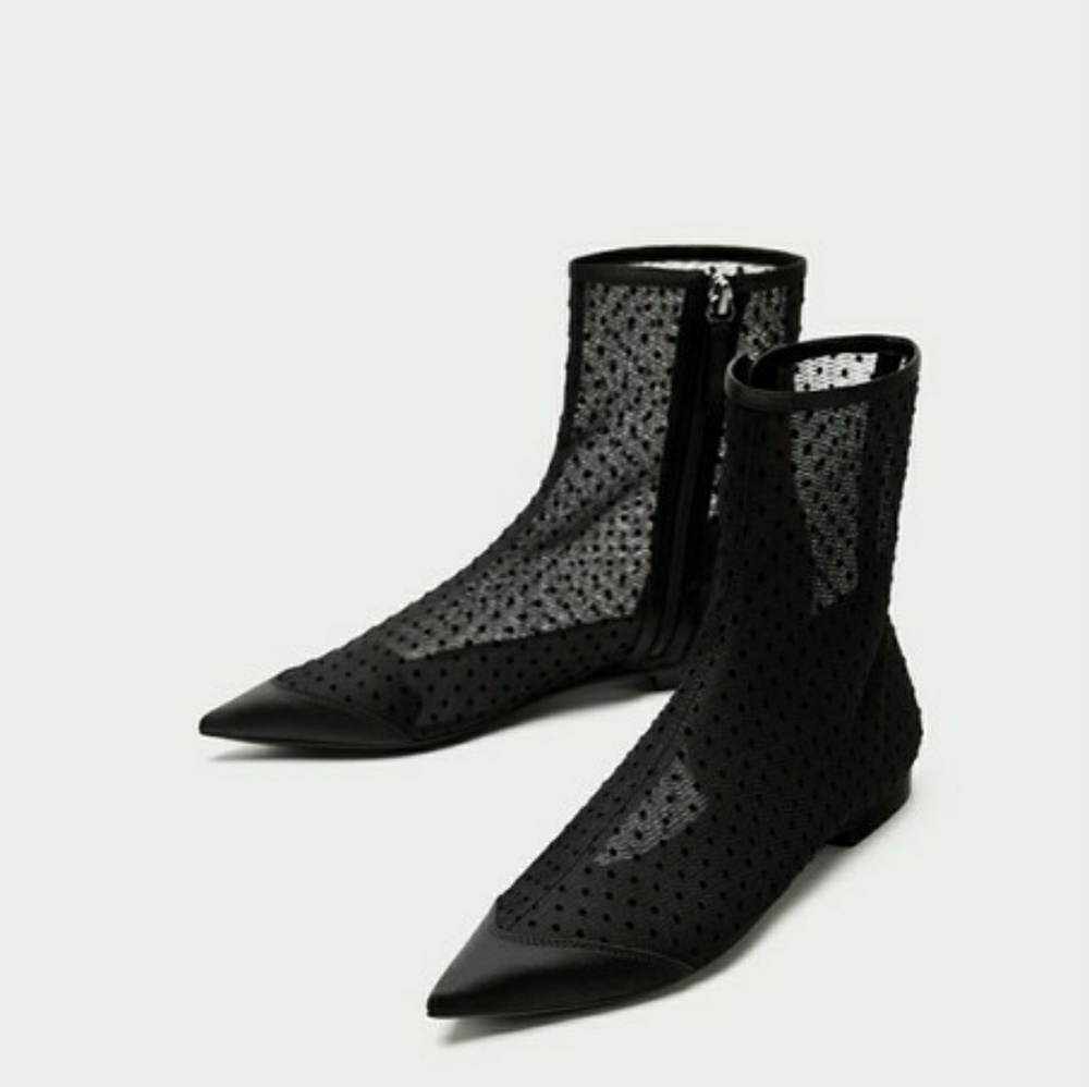 Zara black flat pointy toe mesh boots booties